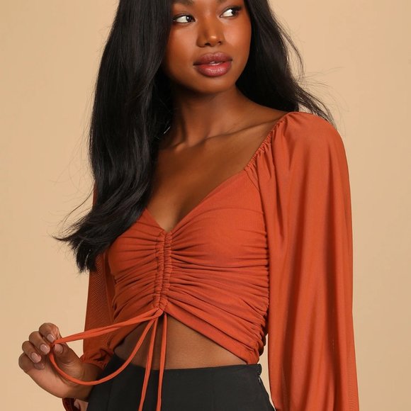 Lulus Tops - NWT Lulus Completed Charmed Rust Orange Ruched Long Sleeve Crop Top, Size Small